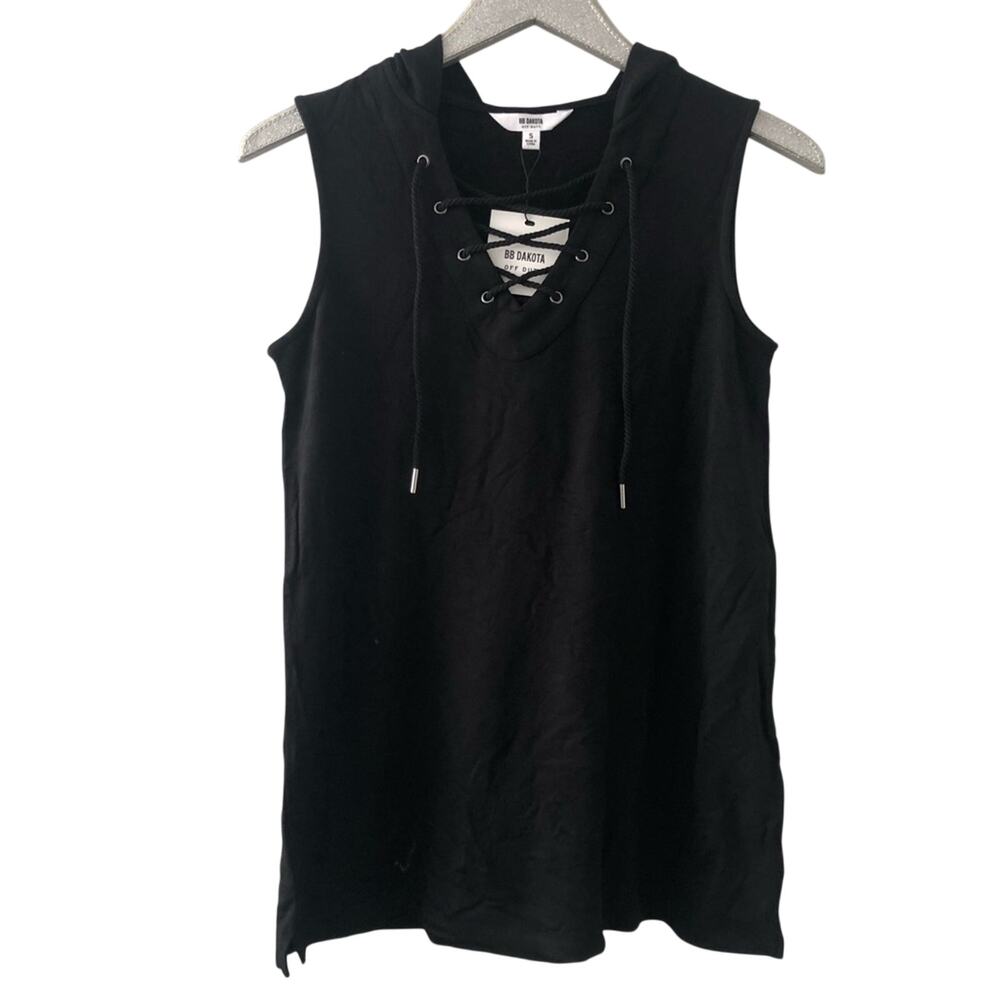 BB Dakota Off Duty Black Hooded Lace Up Sleeveless Top NEW